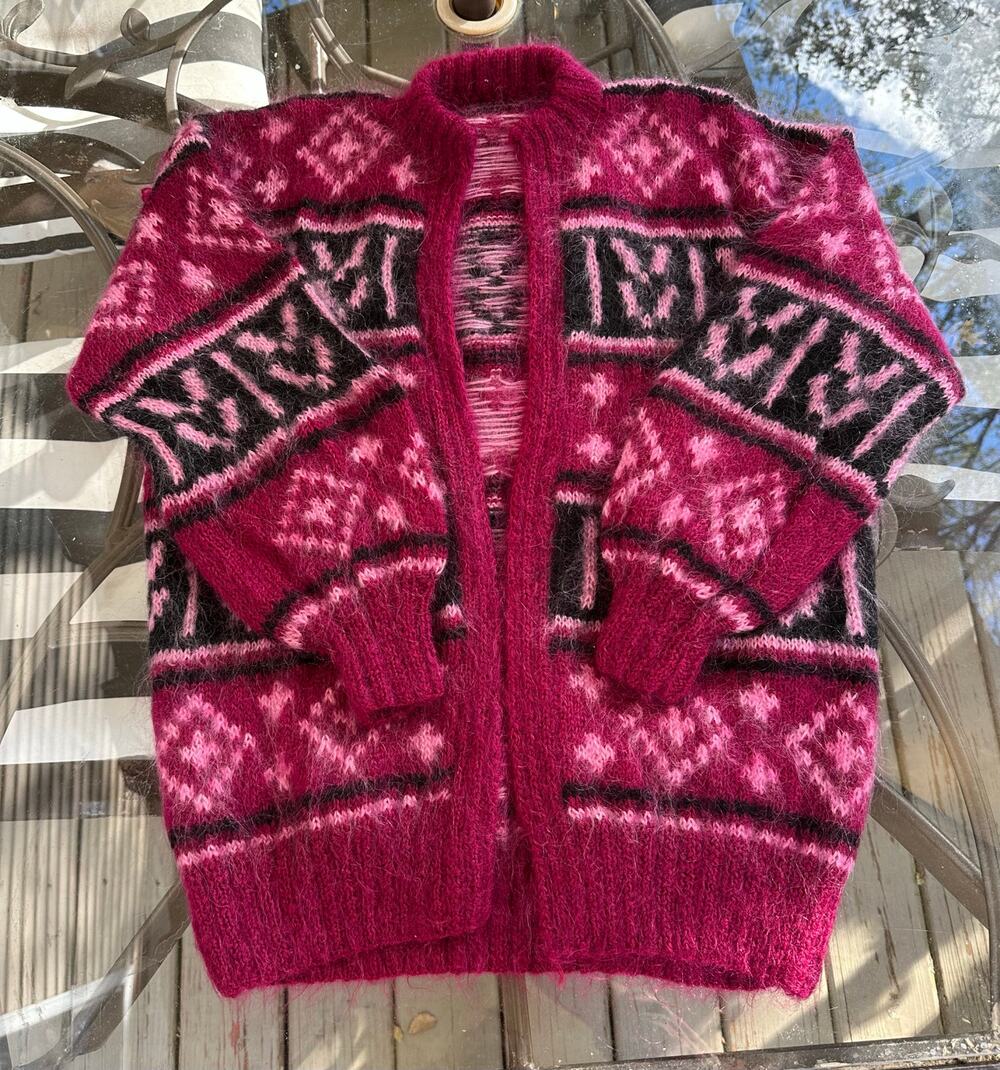 Vintage mohair-blend cardigan Fair Isle magenta black open front hand knitted